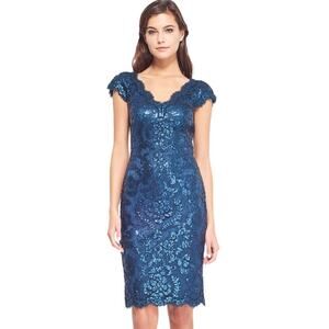 Tadashi Shoji Blue Paillette Embroidered Lace V-Neck Cap Sleeve Dress Size 6